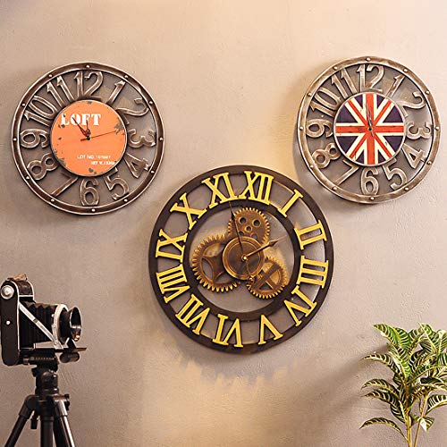 Evursua Vintage Decorative Wall Clock Large 16inch with Industrial Gears Non Ticking Home Decor Clocks,Battery Operated,Metal Effect (Gold)