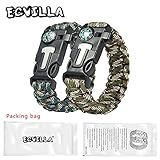 2 PACK Multifunctional Paracord Bracelet, ECVILLA Outdoor Survival Kit Parachute Cord Buckle W Compass Flint Fire Starter Scraper Whistle for Hiking Camping Emergency More (Blue+Camouflage)