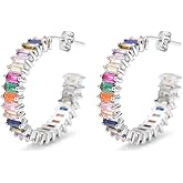 Savlano 14K Gold Plated Cubic Zirconia Multicolor Rainbow Round Hoop Stud Earrings for Women Comes with a Gift Box