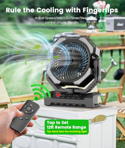 Portable Misting Fan - 24000mAh Battery Powered Fans with 9oz Water Tank, 3 Light, Rechargeable, 120H Cooling, Last 5H Mist, 4 Speed, Sleep Mode, Fan for Camping Outdoor Gear, Travel Essentials