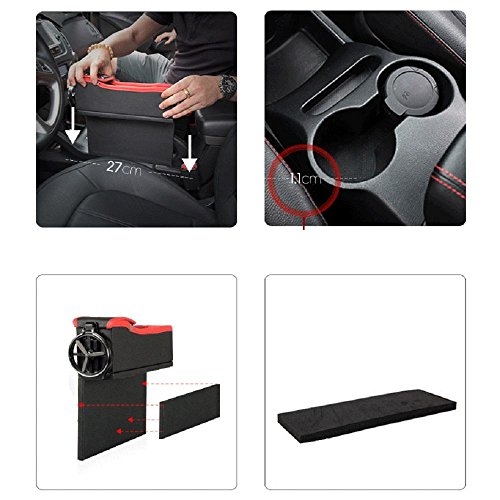 niceEshop(TM) Console Side Pocket, Leather Car Seat Gap Catcher with Coin Organizer and Cup Holder, Black and Red, 1Pcs, Left
