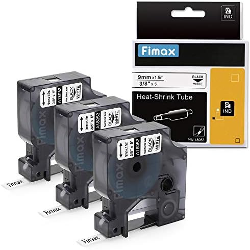 Fimax Compatible Label Tape Replacement for DYMO 18053 Rhino Industrial Heat Shrink Tubes 3/8 Inch Tape to use with Rhino 5000 5200 4200 Label Makers, Black on White, 9mm X 5 Ft, 3 Pack