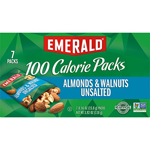 EMERALD NUTS UNSALTED ALMONDS AND WALNUTS 7 CT (1-PACK), 100-CALORIE INDIVIDUAL PACKS OF NUT BLEND, KOSHER CERTIFIED, NON-GMO, CONTAINS NO ARTIFICIAL PRESERVATIVES, FLAVORS OR SYNTHETIC COLORS
