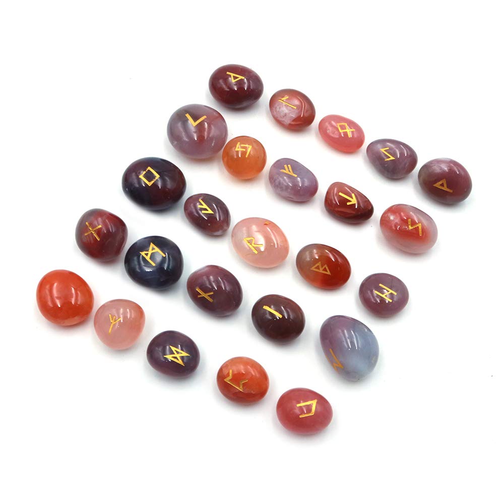 Namvo 25pcs Energy Dvining Stones with A Bag, Gemstone Runes with Engraved Lettering and Pouch