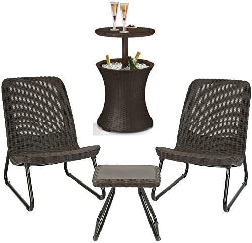Keter Rio 3 Piece Patio Conversation Chair Set All Weather Outdoor Furniture With Cool Bar Rattan Style Beverage Cooler Bar Table Brown Heavy Duty Bundle
