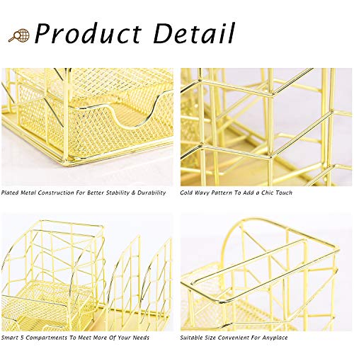 Z-PLINRISE-Desk-Supplies-Organizer-4-Slots-Plus-1-Drawer-Pen-Holder-Mail-Sorter-Sticky-Note-Holder-and-Accessory-Slot-Wire-Stationery-Storage-Rack-for-Home-Office-Gold