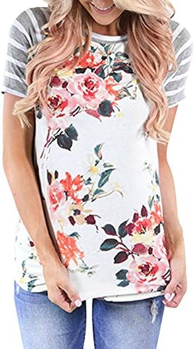 Pengy Clearance Women Short Sleeve Striped Floral Printed Blouse Shirt Tops (L, White)