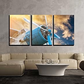 3 Piece Canvas Wall Art - Plane with Propeller on Beautiful Bright Sunset Sky Background - Modern Home Art Stretched and Framed Ready to Hang - 24"x36"x3 Panels