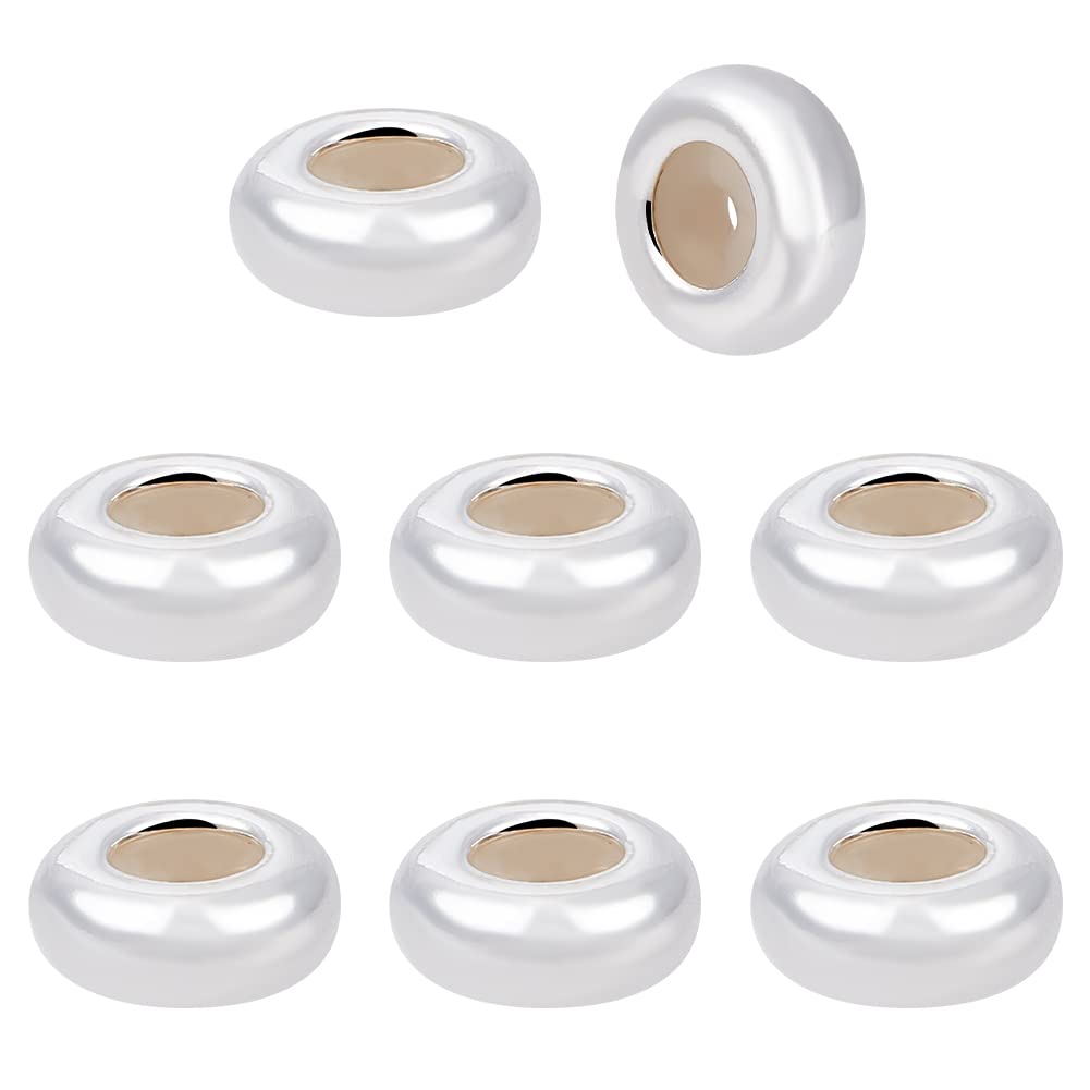 BENECREAT 8Pcs 925 Silver Round Spacer Bead Charm, 7.5mm Diameter Silver Silicone Flat Beads, Sterling Silver Rondelle Beads, for Making Charm Bracelets and Jewelry