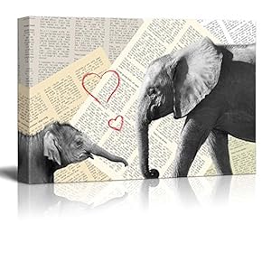 Wll Art Two Elephants on Vintage Newspaper Background and Stretched