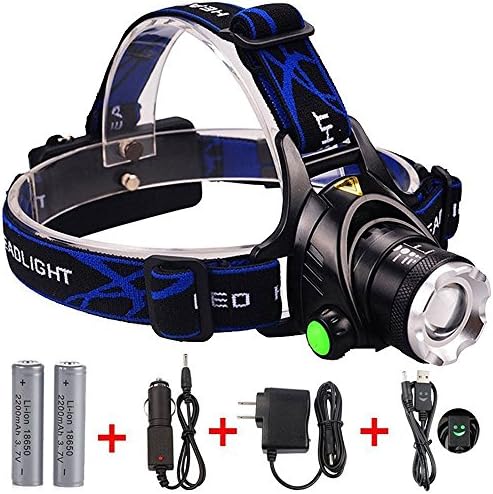 Headlamp, Zoomable 3 Modes Super Bright LED Headlamp with Rechargeable Batteries, Car Charger, Wall Charger and USB Cable (black)