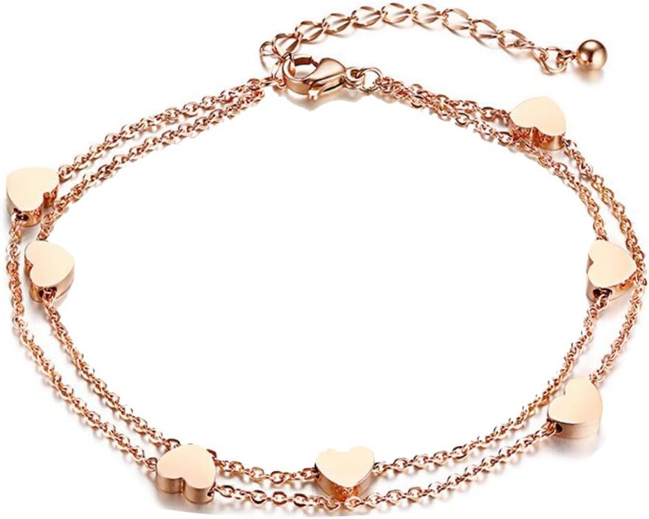 AZYOUNG Rose Gold Stainless Steel Double Chain Hearts Pendant Anklet Bracelet,20+5cm,14+5cm