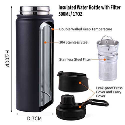 Tea Infuser Bottle With Removable Loose Leaf Tea Strainer 18/8 Stainless Steel Insulated Travel Tea Tumbler Black - Image 2