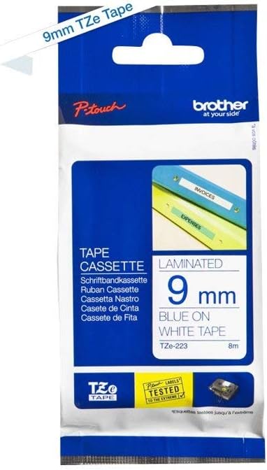 BrotherTZe-223 Labelling Tape Cassette, 9 mm (W) x 8 m (L), Laminated, Brother Genuine Supplies - Blue on White