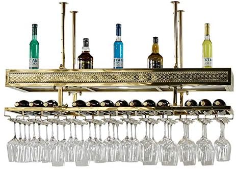 ワインボトルホルダーを吊るす2層天井ワインラック Ledライト付きワイングラス乾燥ホルダーラック 大型金属オーガナイザー 結婚祝い