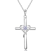 AmorAime 925 Sterling Silver Cross Necklace for Women Men 14K Gold Plated 5A CZ Birthstone Necklaces for Holiday