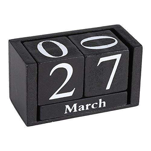 Cikonielf Mini Wood Calendar, Vintage Wooden Cubes Small Desktop Month Date Display Wood Block Perpetual Calendar Home Office Decoration (Black)