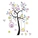 LaceDecal Charming Art Colorful Tree Decals with Hanging Owl, DIY Wall Decor, Pink Owl Wall Sticker, Owl Wallpaper for Kids Room, Reusable Stickers