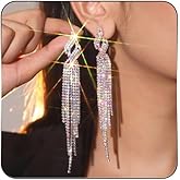 Rhinestone Tassel Earrings Sparkly Long Fringe Crystal Chandelier Dangle Drop Earrings Wedding Party Prom Earrings Premium Iridescent Earrings Wedding Party Jewelry Gifts for Women