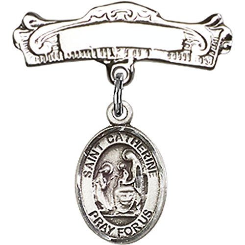 Sterling Silver Baby Badge with St. Catherine of Siena Charm and Arched Polished Badge Pin 7/8 X 7/8 inches