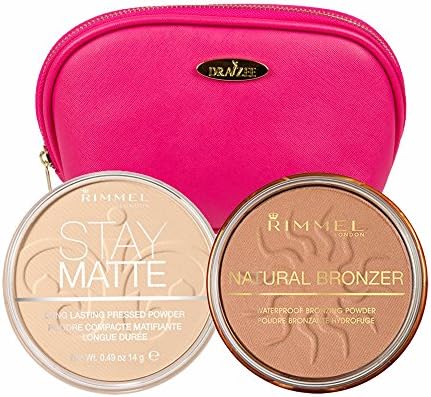 Two Piece 0.49 Ounce Rimmel Kit with Natural Bronzer (Sunshine) and Stay Matte Pressed Powder (Transparent) with Hot Pink Draizee Leather Cosmetic Bag