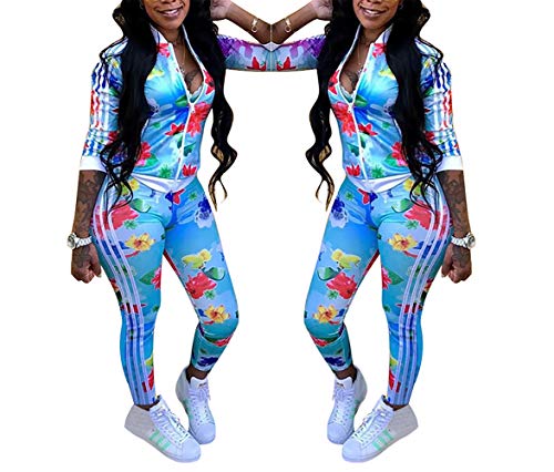 Women's Sexy Floral Print 2 Piece Set Full Zip Crop Jacket and Bodycon Long Pants Plus Size Tracksuit