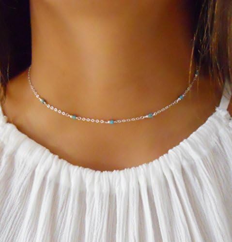 Silver Choker Necklace With Turquoise Beads - 925 Sterling Silver