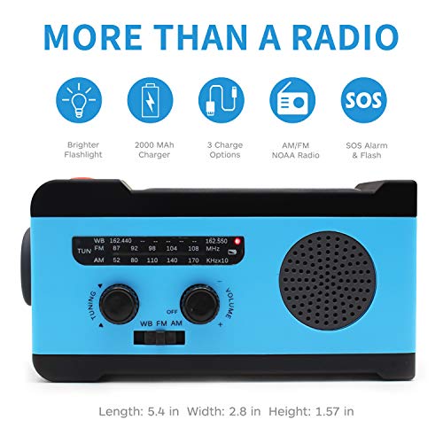 Emergency NOAA Weather Crank Solar Powered Portable Radio with 2000mAh Battery Power for Cell Phone, Bright Flashlight and SOS Alarm for Household Emergency and Outdoor Survival