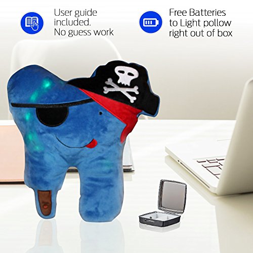 Zigora Tooth Fairy LED Pirate Pillow Kit for Boys 5 Piece Bundle Memorable Gift Set - 1 LED Pillow, 2 FDA Approved Toothbrushes, 1 Keepsake Box, 1 Lost Tooth Certificate Pad & 4 AA Batteries.