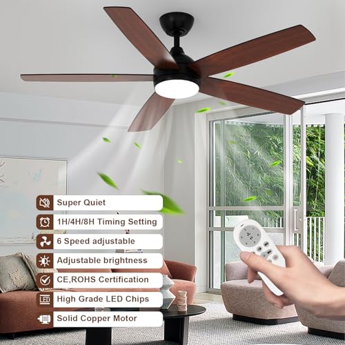 Dorlink Ceiling Fans with Lights and Remote, 52 Inch Flush Mount Ceiling Fan Light for Bedroom, Low Profile LED Ceiling Light with Fan, 6 Speeds Quiet DC Motor, Dimmable Reversible, Walnut/Black