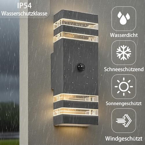 JNR Outdoor Lamp with Motion Sensor, GU10 LED Outdoor Lamp, Anthracite Grey | Outdoor light with PIR motion sensor, IP54 waterproof 230 V aluminium outdoor lamp, 2 x 5 W GU10 3000 K LED bulb