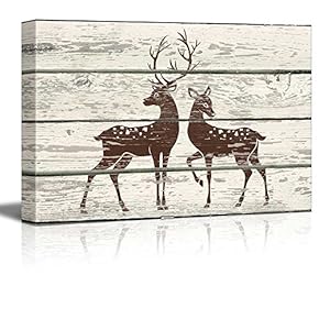 Stag and Doe in Block Print Artwork Rustic