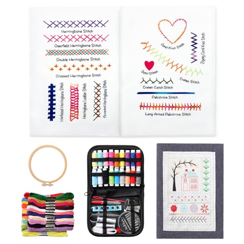 Komforbaa Upgraded Embroidery Kit for Beginners, Unbound Cross Stitch Book with Essential Patterns, 16cm Hoop, 24 Colors Thread, Complete Tools, Portable All-in-One