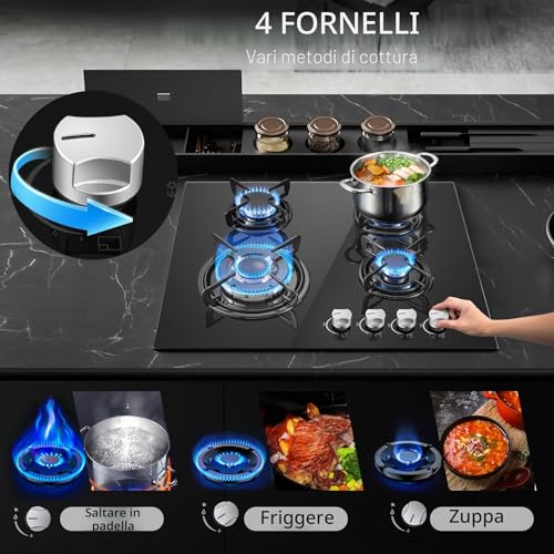 TopStrong 4 Burner Gas Hob, Built-in Glass Gas Hob, Flame-Out Protection, Natural Gas/Propane, 8060W, Black, 220-240V