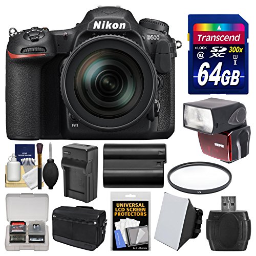 Nikon D500 Wi-Fi 4K Digital SLR Camera & 16-80mm VR Lens with 64GB Card + Case + Flash + Battery & Charger + Filter + Kit Nikon D500 Wi-Fi 4K Digital SLR Camera & 16-80mm VR Lens with 64GB Card + Case + Flash + Battery & Charger + Filter + Kit