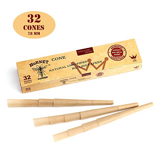 HORNET 32 Pre-Rolled Cones Natural Hemp 1 1/4 Size Organic Cigarette Rolling Papers with Tips (78mm)