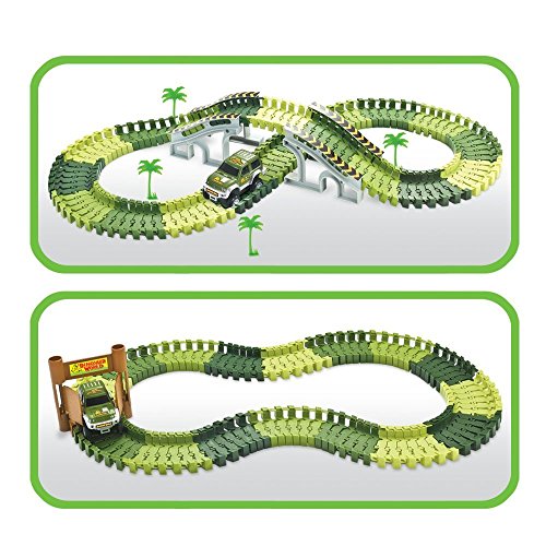 ONTOPON Dinosaur Tracks Circuit 2 Car 142 Pieces Modular, Magic and Games Circuit Car Toy with Ultra Fun Accessories(142p)