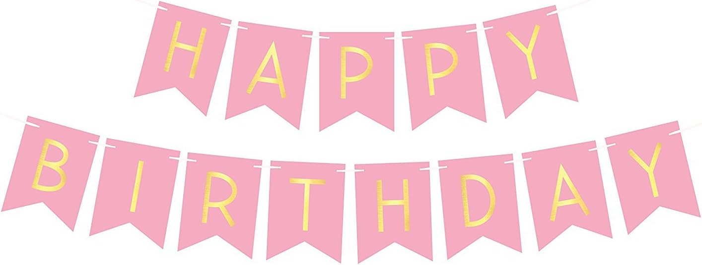 Happy Birthday Banner Pink with Shimmering Gold Letters - Birthday Decorations - Birthday Party Supplies