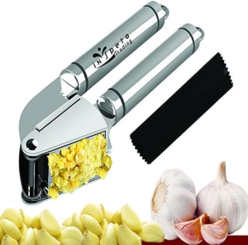 Stainless Steel Garlic Press and Peeler Set – Heavy Duty Garlic Masher, Crusher, Mincer, Presser &amp; Silicone Peeler – Easy to Use Dishwasher Safe – Peel &amp; Mince Fresh Garlic In Seconds - by Inspero