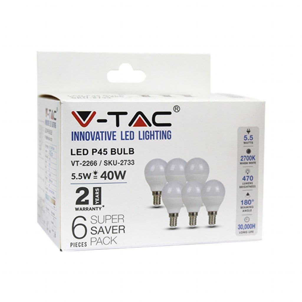 V-TAC VT-2266 6 Pack LED Bulbs E14 5.5W 470Lm 2700K G45