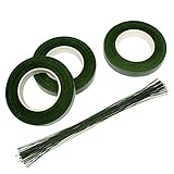 JUSLIN 3 Rolls 1/2 Inch Premium Floral Tape Stem Wrap & 50 Pcs 16 Inch Floral Stem Wire