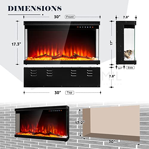 oneinmil Electric Fireplace, 30 inch Wide Recessed and Free Standing