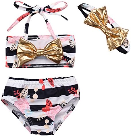 AlwaysFun 3Pcs Cute Baby Girls Floral Golden Bowknot Halter Top + Brief Shorts + Bunny Headband Bikini Swimwear Sets (White-Black, 100(12-18Months))