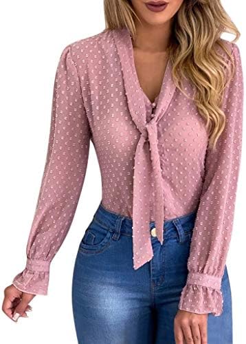 Aunimeifly Women's Sexy Perspective Shirt Button Tie Long Sleeve Top Sheer Mesh Tieup Dot Blouse