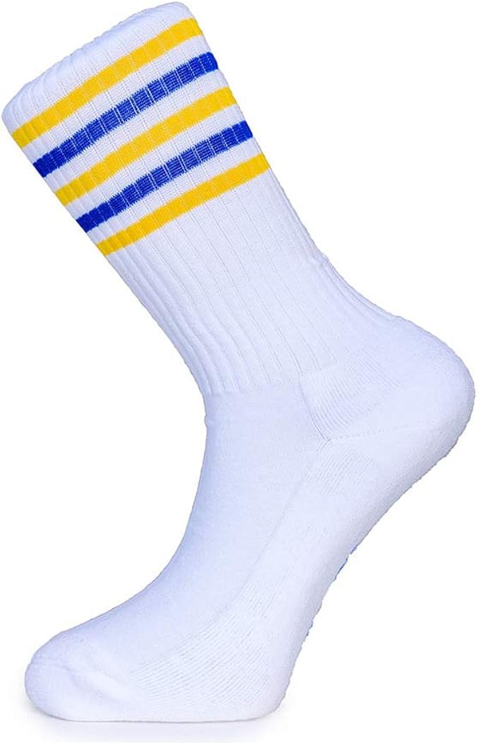 Blue, Yellow and White Striped Sport Socks, Men's Retro Socks, White
