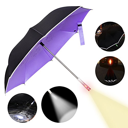 ApexPower Windproof Inverted Umbrella Rain and UV Protection Double Layer Reversible with LED Flashlight Handle and Vehicle Reflective ,Cars Reverse Folding Safety for Women& Men