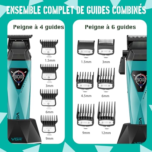 VGR 877S3 Professional Men's Hair Clipper Set, Titanium Coated Cordless Shaver, Trimmer Finish Set with 8000/9000 RPM Motor, Men's Hair Styling Kit with Charging Station, LED Display, Green