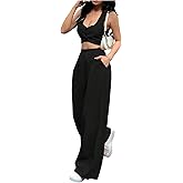SweatyRocks Women's 2 Piece Outfits Button Front Sleeveless Crop Top and Straight Leg Pants Set