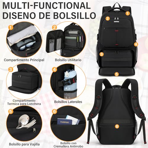 RAINSMORE Mochilas para Hombre con Lonchera Mochila para Laptop 17 Pulgadas Gran Impermeable Mochila con USB Puerto y Puerto Audífonos