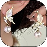 Dainty Butterfly Earrings for Women 14K Gold Cubic Zirconia Pearl Butterfly Dangle Earrings Hypoallergenic Oil Drip Drop Earrings Jewelry Presents
